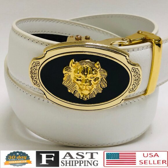 Fashion‎ Leather Gold Slide White Men's Belt Automatic Buckle Jeans Dress Lion - Picture 1 of 3